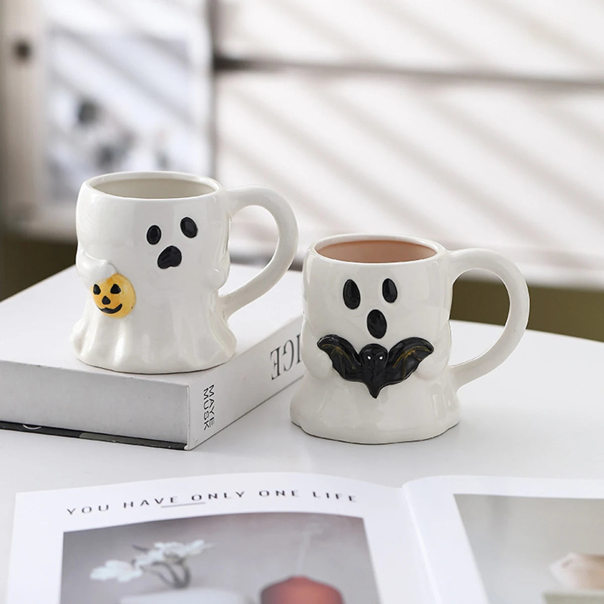 Cute Ghost Pumpkin Halloween Ceramic Mug Reusable Spooky Coffee Cup with Handle, Halloween Party Gift