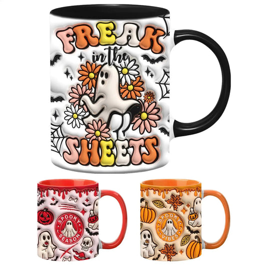 1pcs SPOOKY Halloween Mug, Trick or Treat Halloween Pumpkin Cute Ghost Ceramic Coffee Mug, Coffee Lover Halloween Decor Gifts