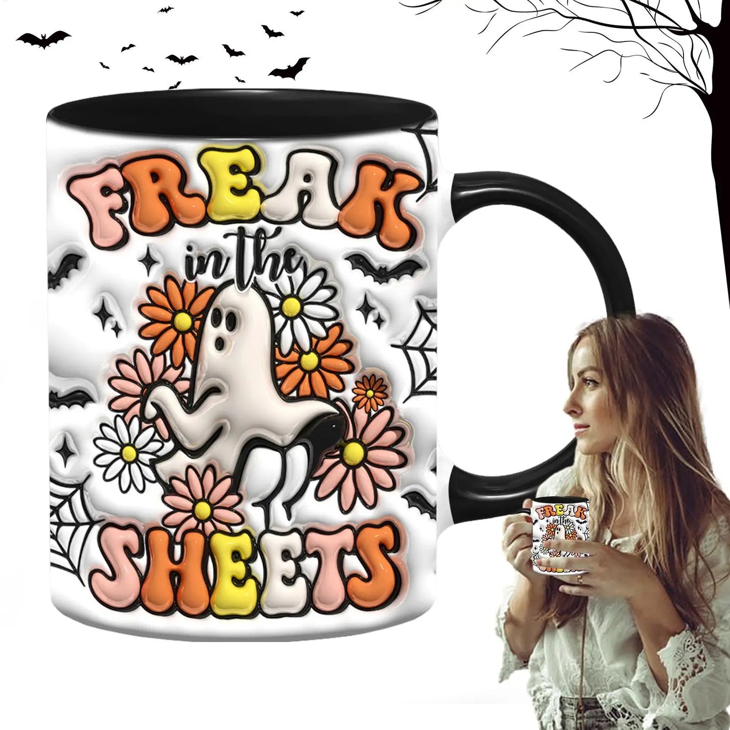 1pcs SPOOKY Halloween Mug, Trick or Treat Halloween Pumpkin Cute Ghost Ceramic Coffee Mug, Coffee Lover Halloween Decor Gifts