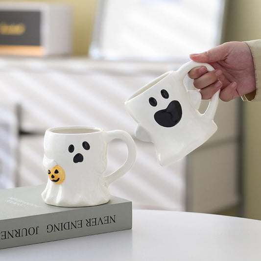 Cute Ghost Pumpkin Halloween Ceramic Mug Reusable Spooky Coffee Cup with Handle, Halloween Party Gift