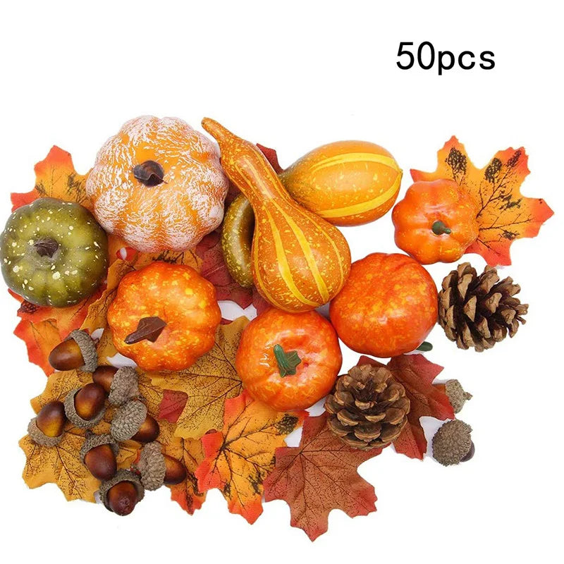 50Pcs/ Set Fall Harvest Decor Props Artificial Mini Pumpkin Gourd Acorn Berries Maple Leaf Party Holiday DIY Decorations