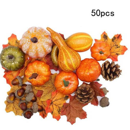 50Pcs/ Set Fall Harvest Decor Props Artificial Mini Pumpkin Gourd Acorn Berries Maple Leaf Party Holiday DIY Decorations