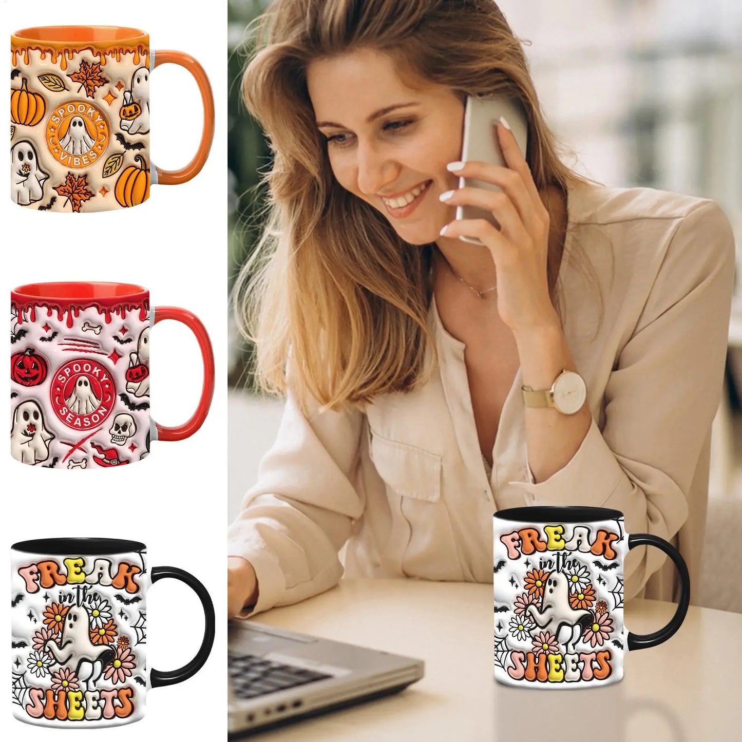1pcs SPOOKY Halloween Mug, Trick or Treat Halloween Pumpkin Cute Ghost Ceramic Coffee Mug, Coffee Lover Halloween Decor Gifts