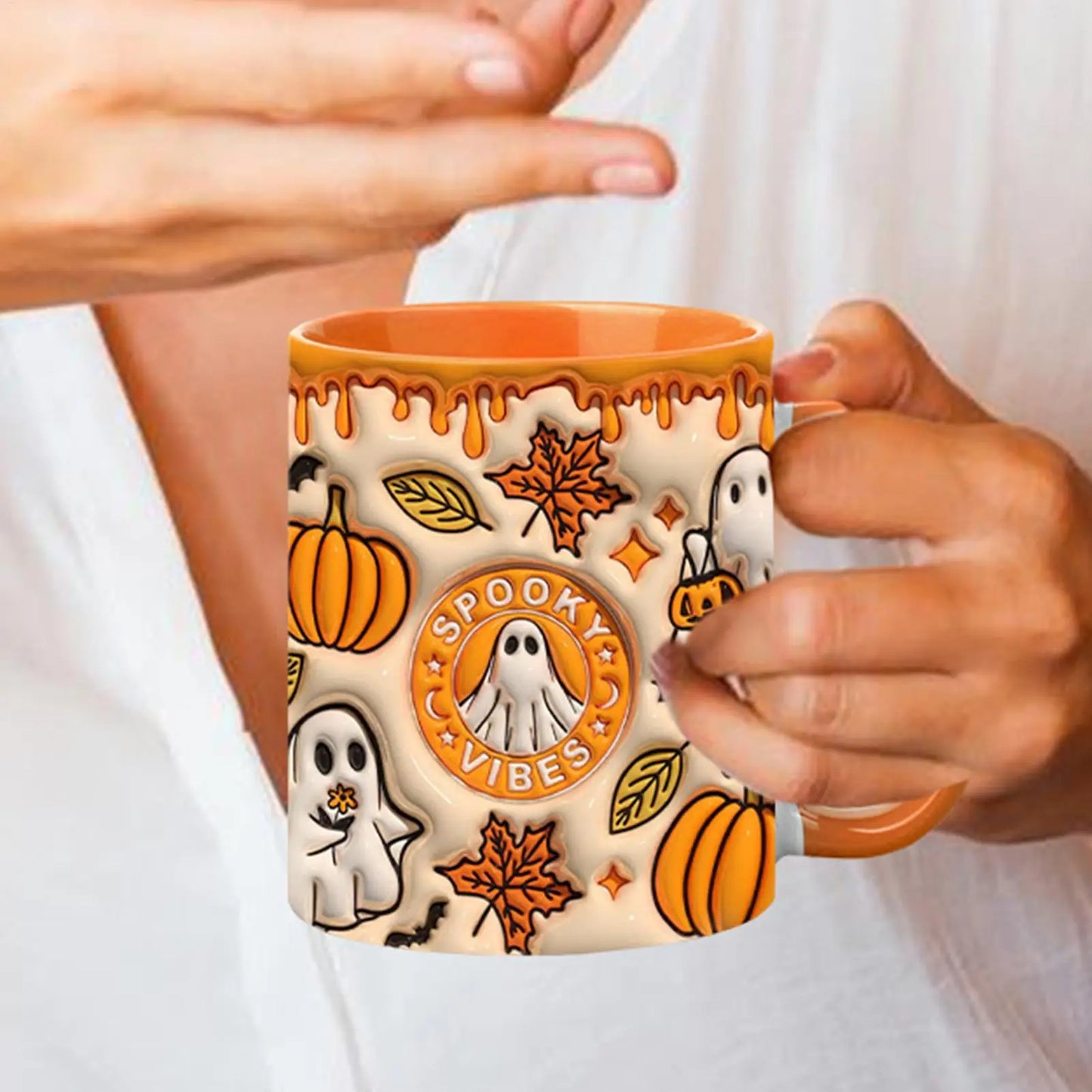 1pcs SPOOKY Halloween Mug, Trick or Treat Halloween Pumpkin Cute Ghost Ceramic Coffee Mug, Coffee Lover Halloween Decor Gifts