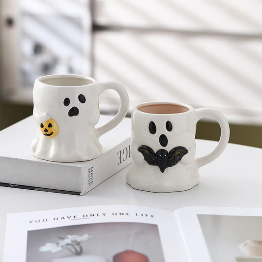 Cute Ghost Pumpkin Halloween Ceramic Mug Reusable Spooky Coffee Cup with Handle, Halloween Party Gift