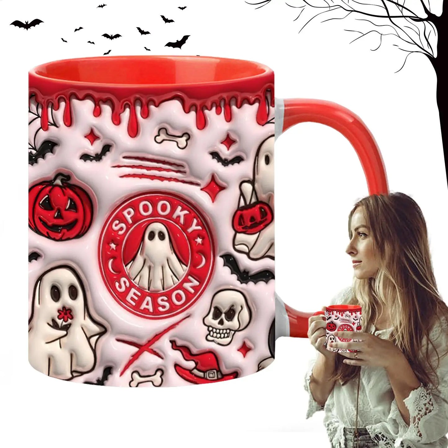 1pcs SPOOKY Halloween Mug, Trick or Treat Halloween Pumpkin Cute Ghost Ceramic Coffee Mug, Coffee Lover Halloween Decor Gifts